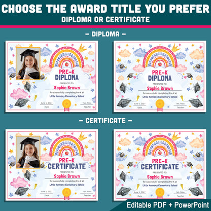 Pre-K Completion Certificate, Rainbow Star Editable End of School Year Awards, Photo and No Photo Versions, PDF and PowerPoint Download