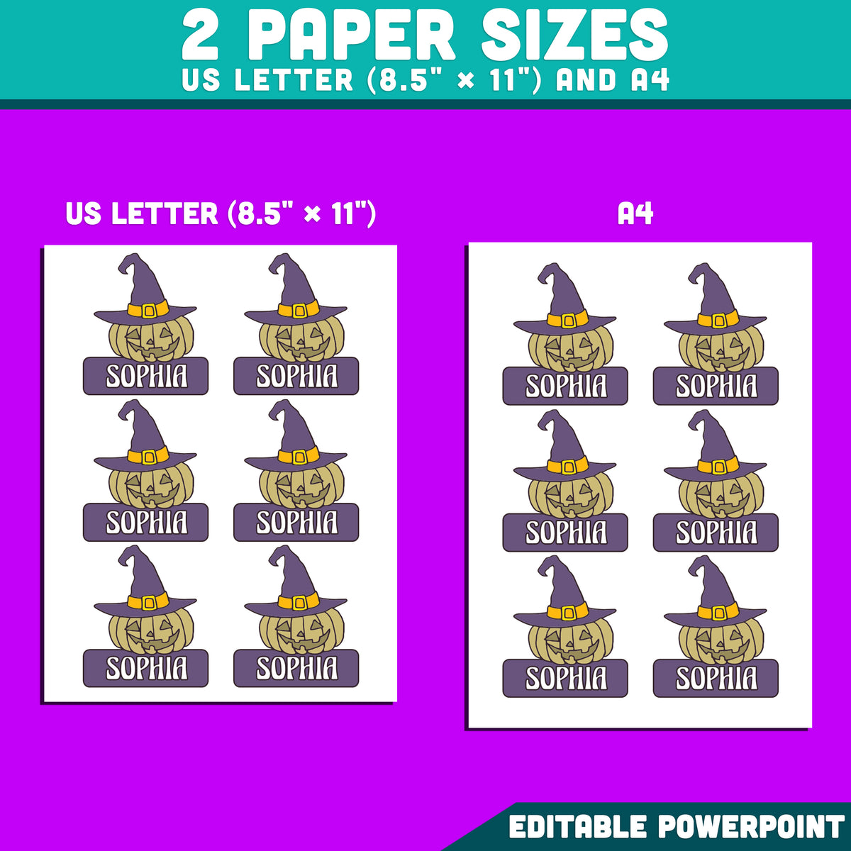 Halloween Pumpkin Name Labels, Autumn Classroom Organization, Editable Fall Student Desk & Locker Decor, 10 Designs, US Letter & A4, PowerPoint