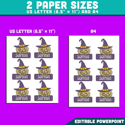 Halloween Pumpkin Name Labels, Autumn Classroom Organization, Editable Fall Student Desk & Locker Decor, 10 Designs, US Letter & A4, PowerPoint