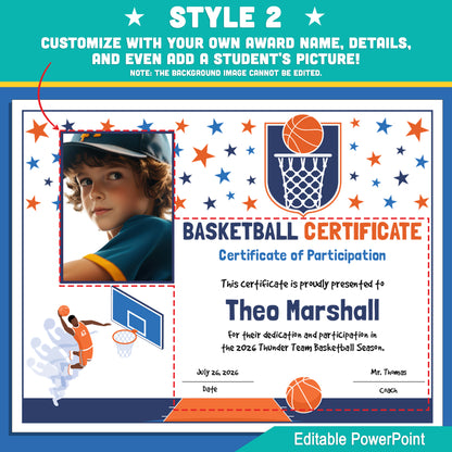 Editable Basketball Certificates | 4 Styles with Photo Options | Youth Team Awards, Player Recognition - 8.5x11 PowerPoint Instant Download