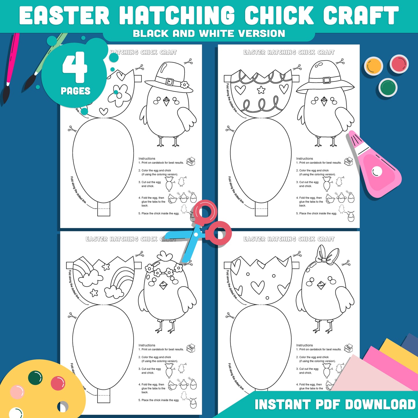 Easter Hatching Chick Paper Craft for Kids, DIY Easter Egg Craft Printable Templates, Spring Cut and Paste Activity, 4 Designs, Classroom Craft