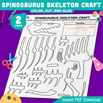 Spinosaurus Skeleton Craft, Build a Dinosaur Skeleton, Printable Cut and Paste Activity, Pre-Colored & Black and White, US Letter, A4 PDF