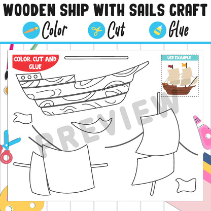 Wooden Ship with Sails Craft : Perfect Thanksgiving Activity for PreK to 2nd Grade, PDF File, Instant Download