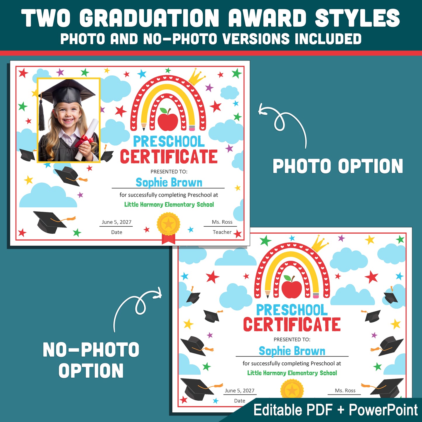 Editable Graduation Certificate, Preschool & Beyond, Any Grade Template, Reusable Diploma or Certificate, With and Without Photo, PDF PowerPoint