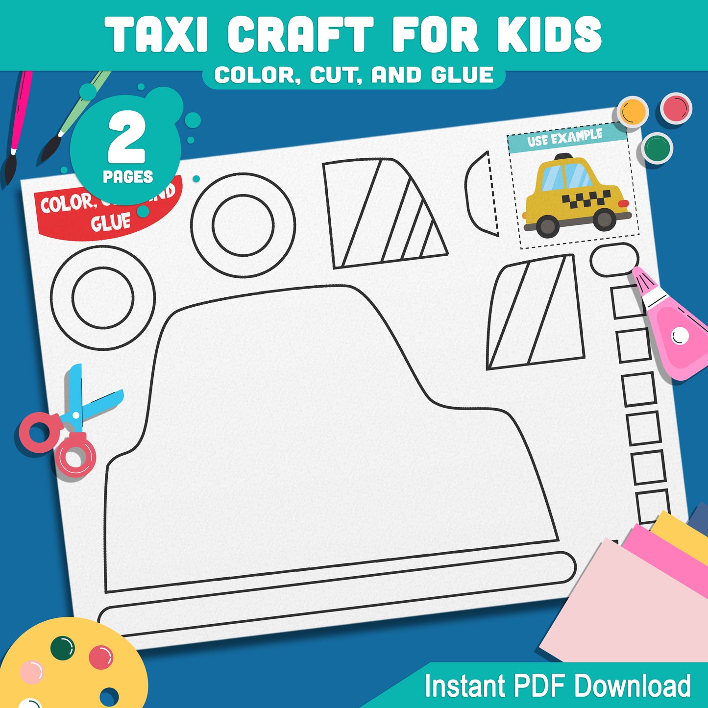 DIY Taxi Paper Craft: Easy Color, Cut, and Glue Activity for PreK to 2nd Grade, Perfect for Transportation Theme Lessons, PDF Download