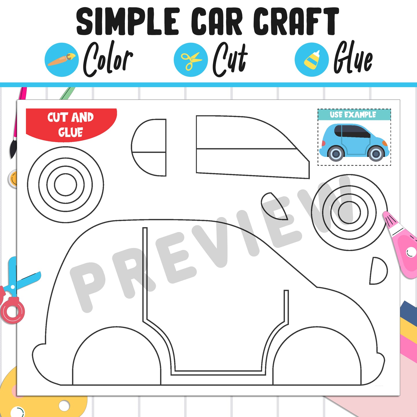 Simple Car Craft for Kids : Color, Cut, and Glue, a Fun Activity for Pre K to 2nd Grade, PDF Instant Download