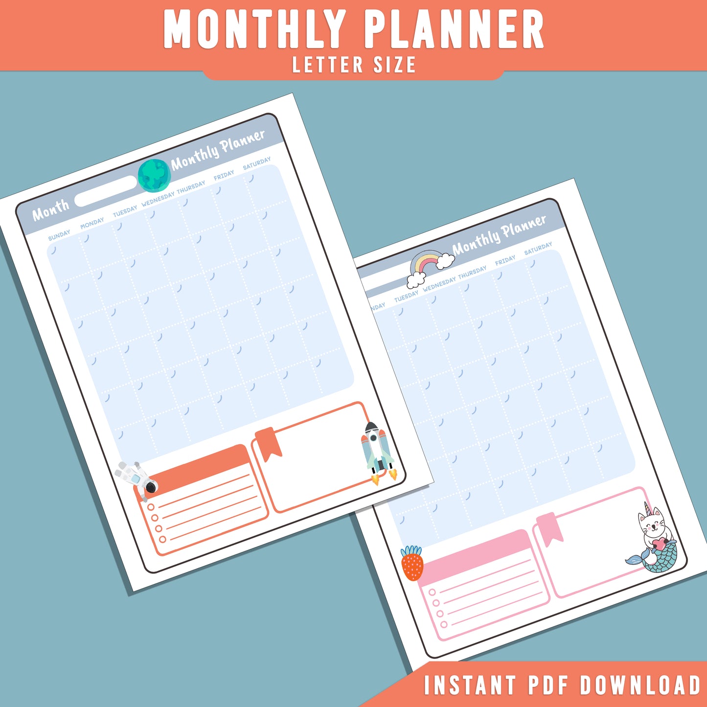 2025 Kids Printable Planner: Fun Goal Tracker, Calendar, To-Do List, Daily/Weekly/Monthly Pages for Boys & Girls, Habit Tracker, PDF Instant Download.