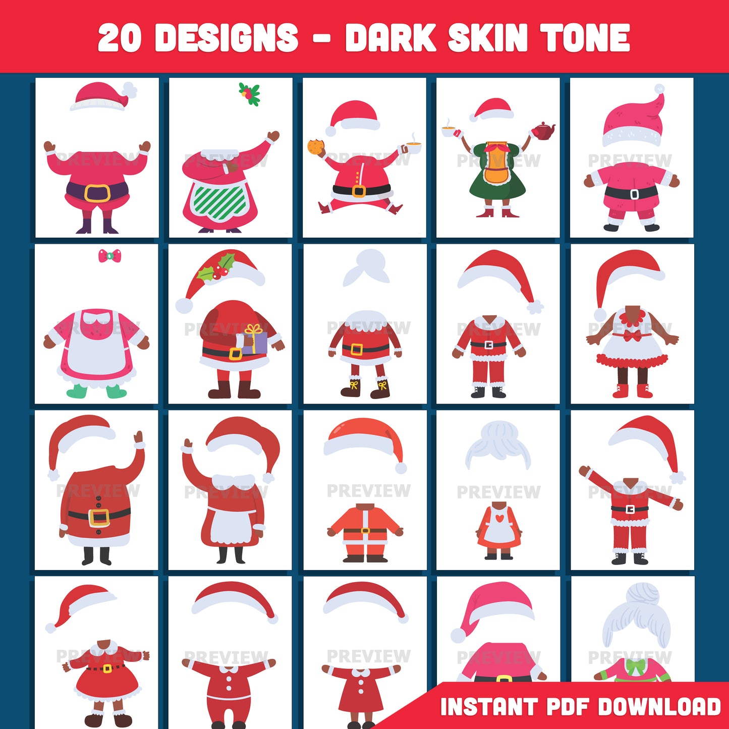 Printable Santa Claus & Mrs. Claus Body Templates, Add Your Face Winter Craft, 20 Designs Light + 20 Designs Dark Skin Tone, Christmas Classroom or Home Activity, PDF+PNG