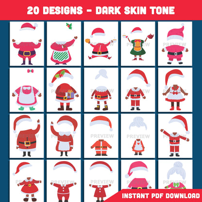 Printable Santa Claus & Mrs. Claus Body Templates, Add Your Face Winter Craft, 20 Designs Light + 20 Designs Dark Skin Tone, Christmas Classroom or Home Activity, PDF+PNG