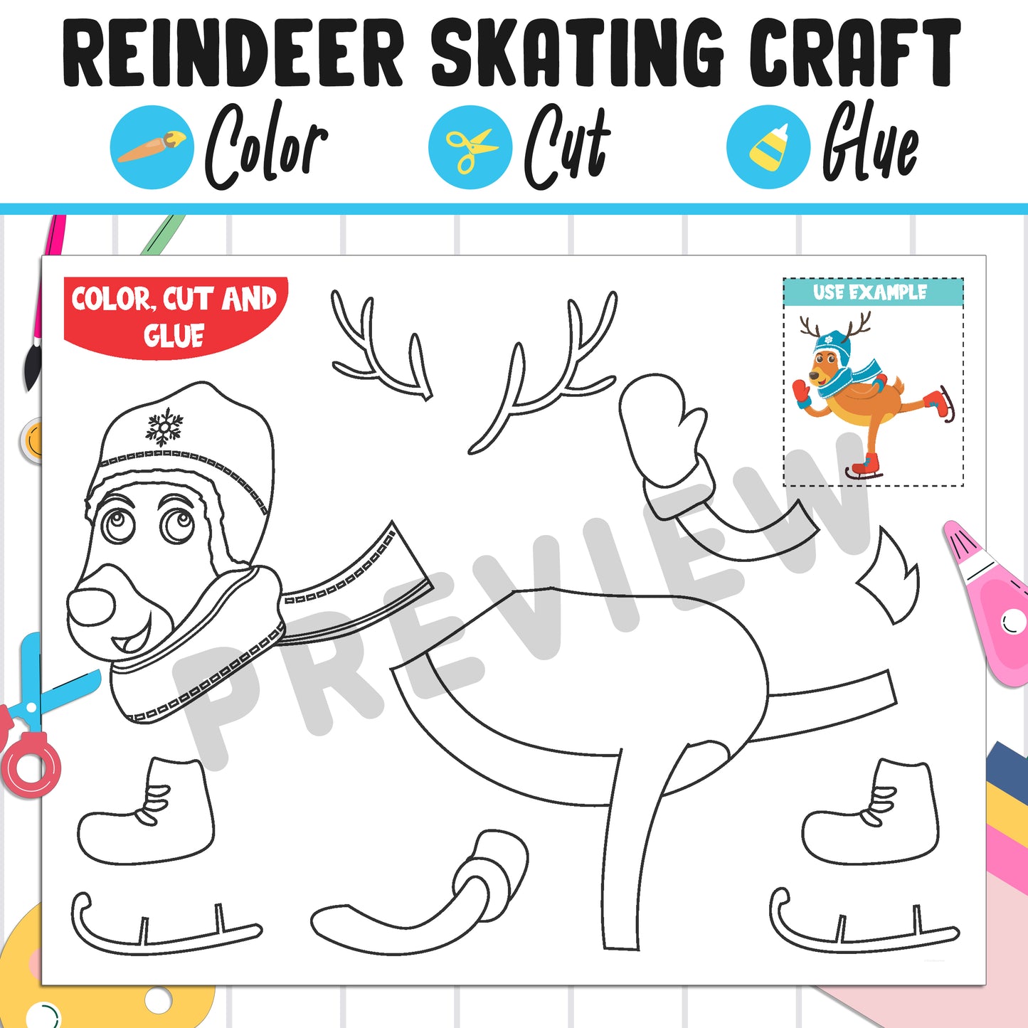 Reindeer Skating Craft : Color, Cut, and Glue, a Fun Activity for Pre K to 2nd Grade, PDF Instant Download