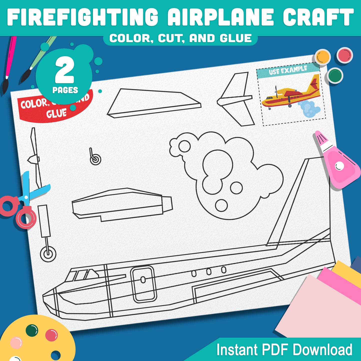 Firefighting Rescue Airplane Craft: Engaging DIY Activity for Kids, Ideal for Color, Cut, and Glue Projects at Home or School, Instant PDF Download