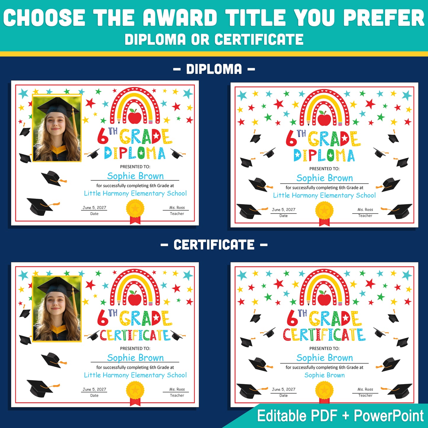 Editable 6th Graduation Diploma & Certificate Set, Rainbow Stars Graduation Awards, Photo or No-Photo Options, Edit in PDF, PowerPoint, Canva