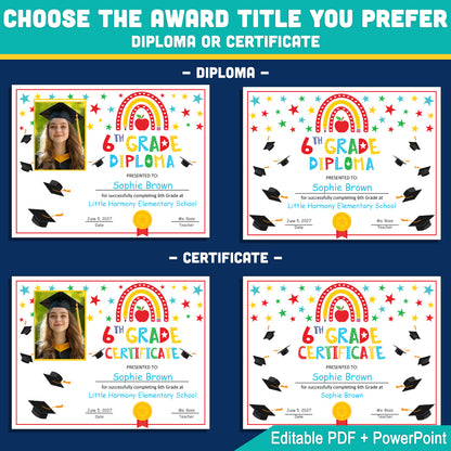 Editable 6th Graduation Diploma & Certificate Set, Rainbow Stars Graduation Awards, Photo or No-Photo Options, Edit in PDF, PowerPoint, Canva