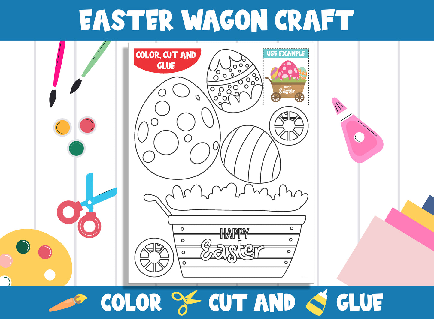 Printable Easter Wagon Craft Activity - Color, Cut, and Glue for PreK to 2nd Grade, PDF File, Instant Download