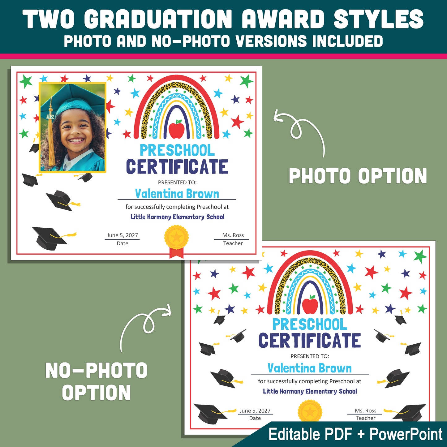 Editable Colorful Graduation Certificates, Bright Student Award Templates, PDF and PowerPoint, Photo and No-Photo Styles