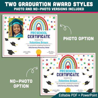 Editable Colorful Graduation Certificates, Bright Student Award Templates, PDF and PowerPoint, Photo and No-Photo Styles