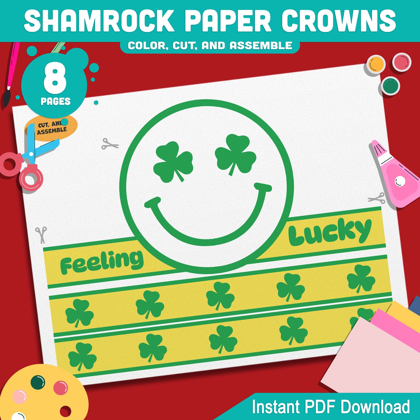 Shamrock Paper Crowns – St. Patrick’s Day Printable Headband Craft for Kids, Lucky Leprechaun Crown, School Party Paper Hat, Pre-color + Black & White