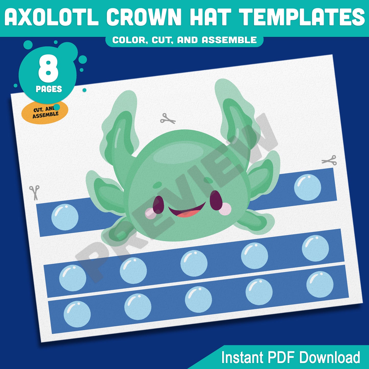 Axolotl Crown Hat Templates – 8 Fun Printable Headbands for Kids with Pre-Colored + Black & White Versions, Creative Craft PDF for Classroom