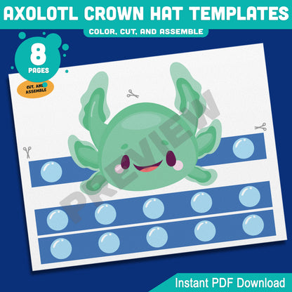 Axolotl Crown Hat Templates – 8 Fun Printable Headbands for Kids with Pre-Colored + Black & White Versions, Creative Craft PDF for Classroom