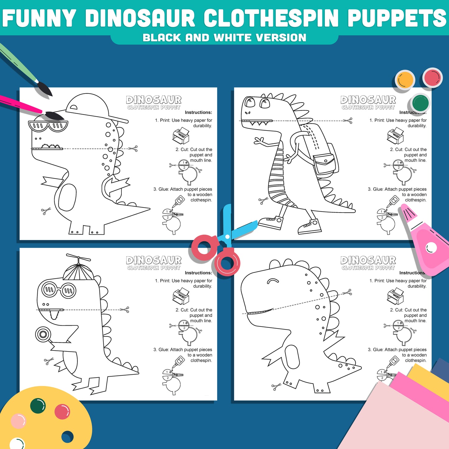 Dinosaur Clothespin Puppets, Funny Dino Puppet Craft for Kids, Color Cut and Create Activity, Printable Dinosaur Set