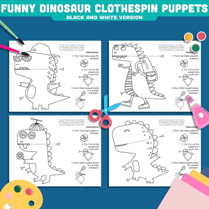 Dinosaur Clothespin Puppets, Funny Dino Puppet Craft for Kids, Color Cut and Create Activity, Printable Dinosaur Set