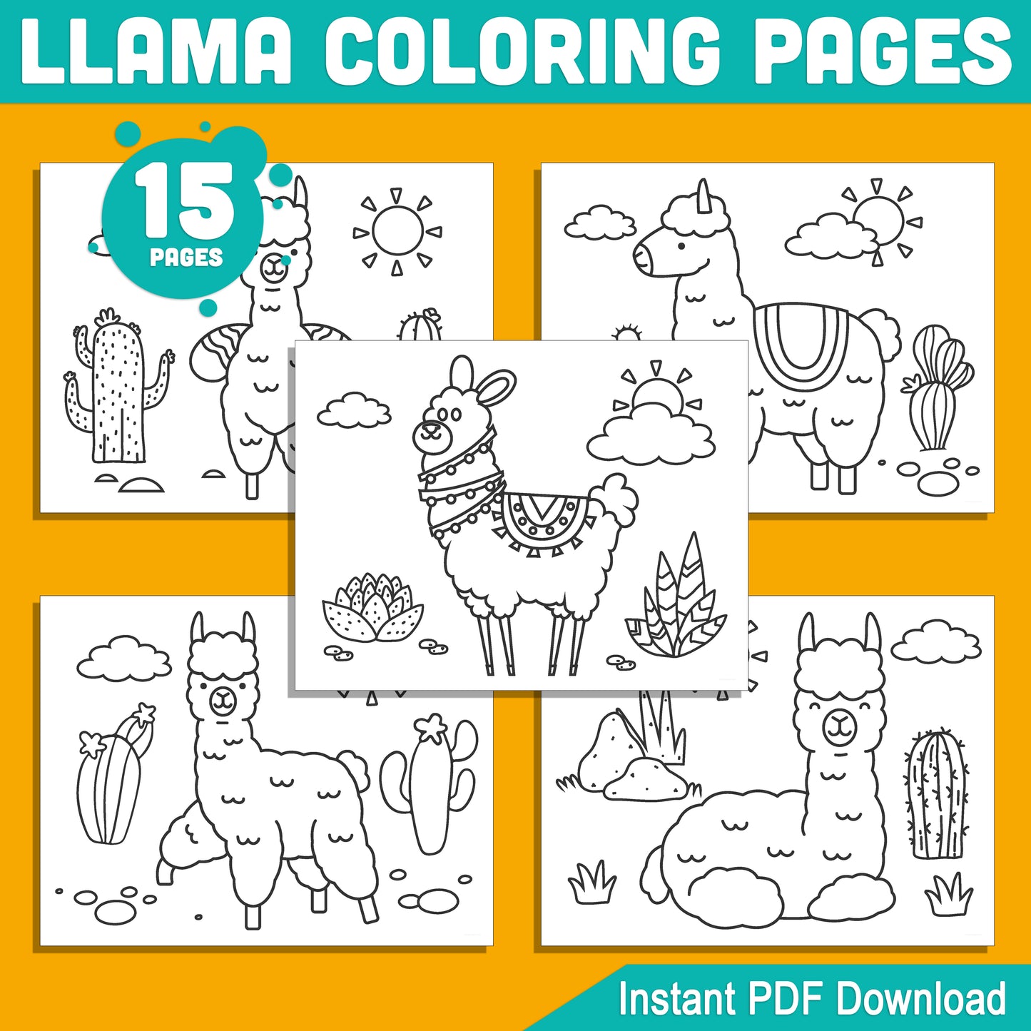 15 Simple Llama Coloring Pages for Kids – Perfect for Preschool & Kindergarten, Fun and Easy-to-Print PDF Activity, Instant Download