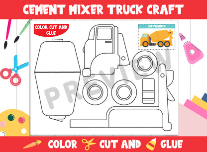 Construction Vehicle : Cement Mixer Truck Craft Activity - Color, Cut, and Glue for PreK to 2nd Grade, PDF File, Instant Download