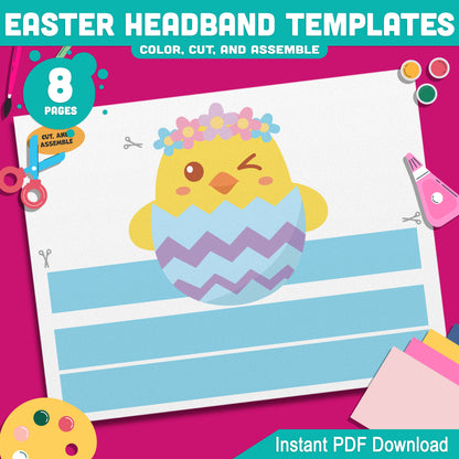Easter Headband Templates for Kids – Bunny, Chick, Easter Egg & Lamb Wearable Crown Craft, Pre-color + Black & White PDF
