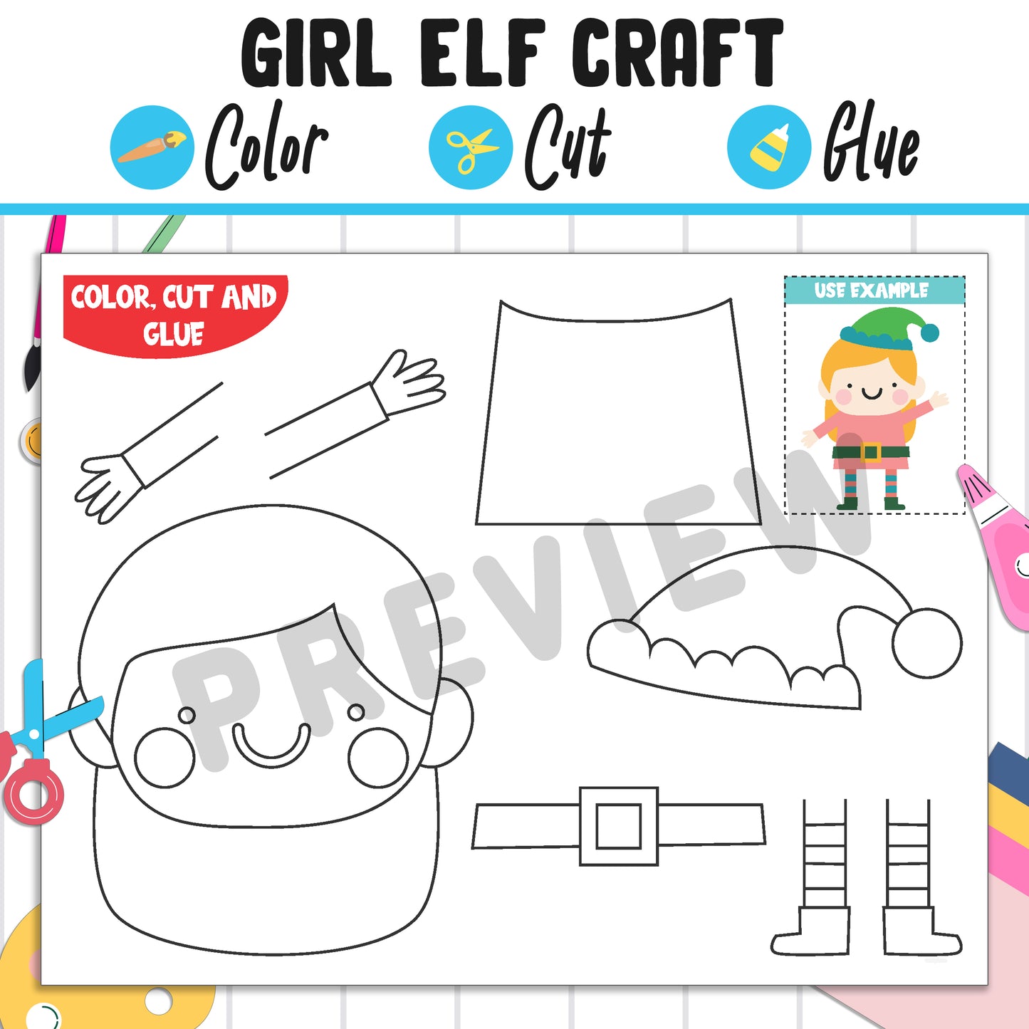 Cute Girl Elf Craft: Fun Christmas Activity for Kids, Color, Cut, and Glue, Pre K to 2nd Grade, PDF Instant Download