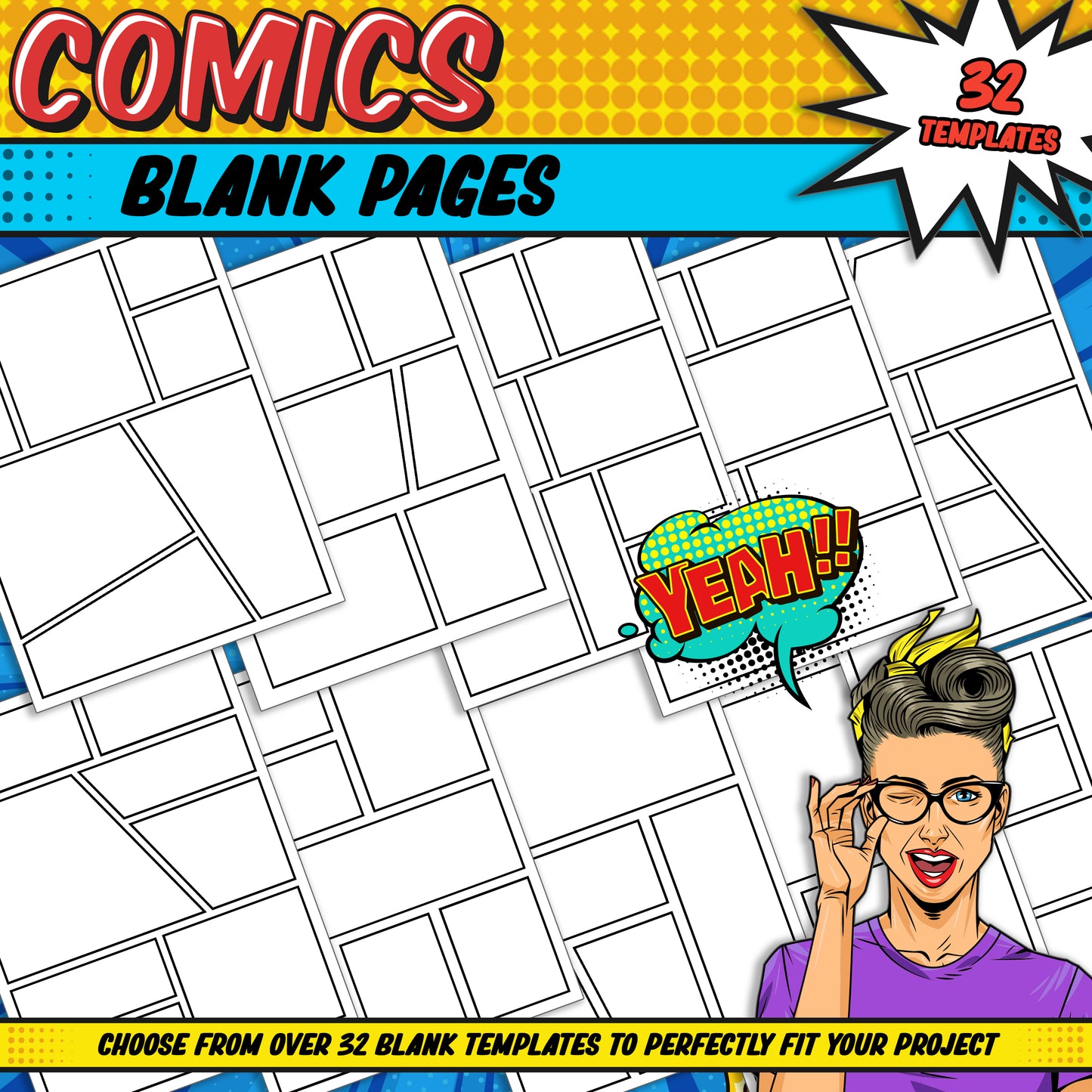 Comic Storyboard: 106 Templates, 10 Covers, 32 Blank Pages, 64 Pages with Speech Bubbles, PDF Instant Download