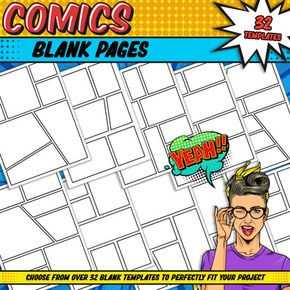 Comic Storyboard: 106 Templates, 10 Covers, 32 Blank Pages, 64 Pages with Speech Bubbles, PDF Instant Download