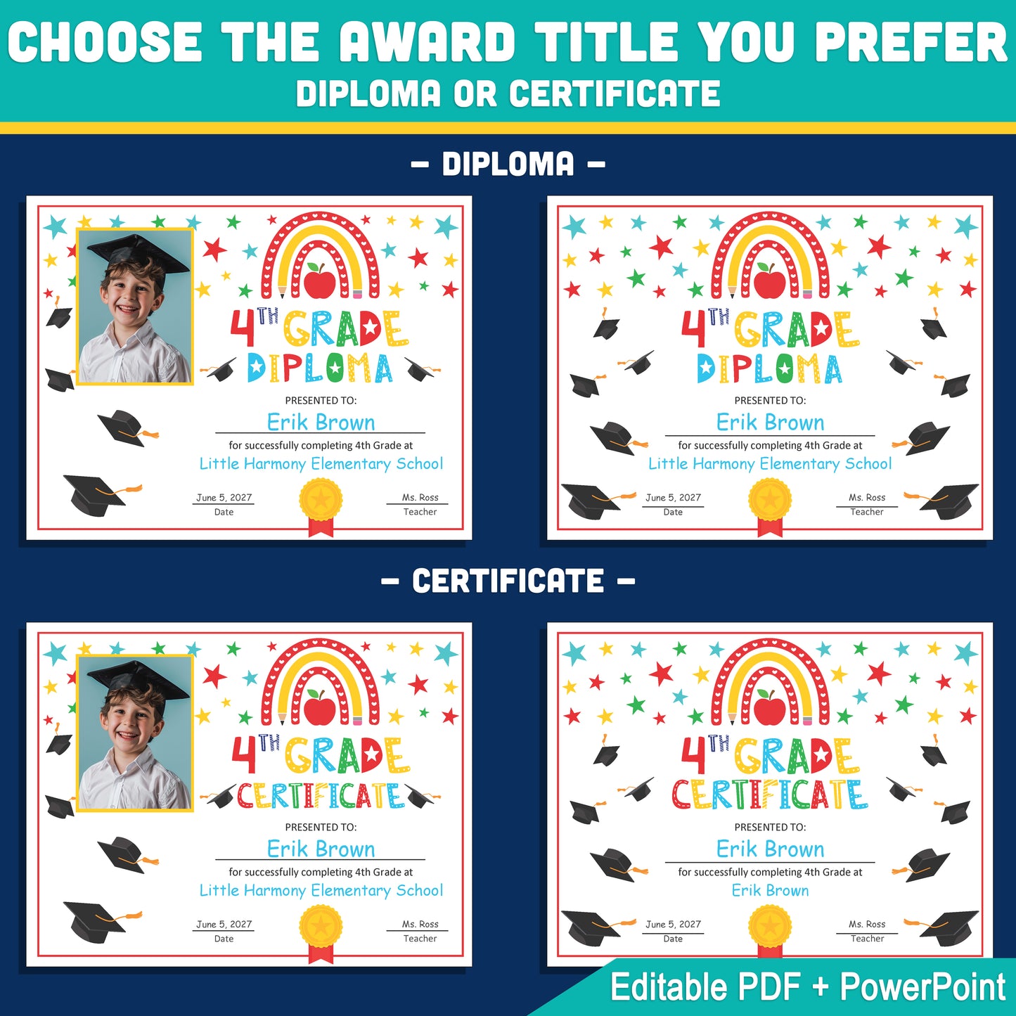 Editable 4th Graduation Diploma & Certificate Set, Printable Rainbow Stars Awards, Photo and No-Photo Options, PDF, PowerPoint, Canva
