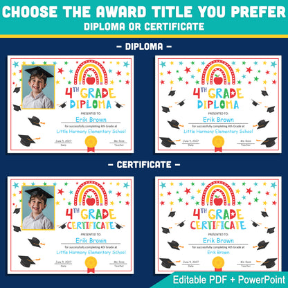 Editable 4th Graduation Diploma & Certificate Set, Printable Rainbow Stars Awards, Photo and No-Photo Options, PDF, PowerPoint, Canva