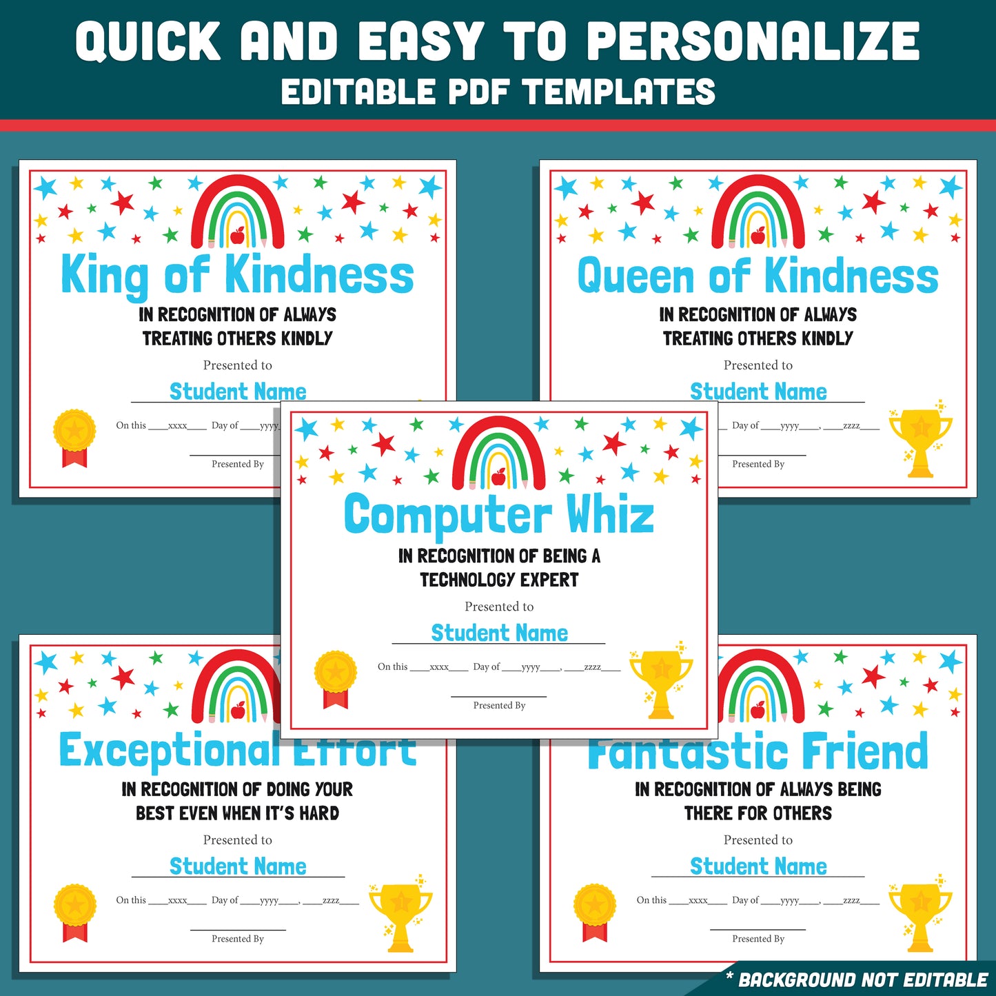 Student Awards Certificates, Printable Classroom Recognition Pack, 26 Editable Designs, Achievement Honors, Simple Editing, Teacher Friendly Resource