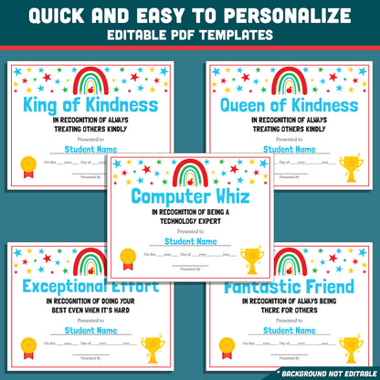 Student Awards Certificates, Printable Classroom Recognition Pack, 26 Editable Designs, Achievement Honors, Simple Editing, Teacher Friendly Resource