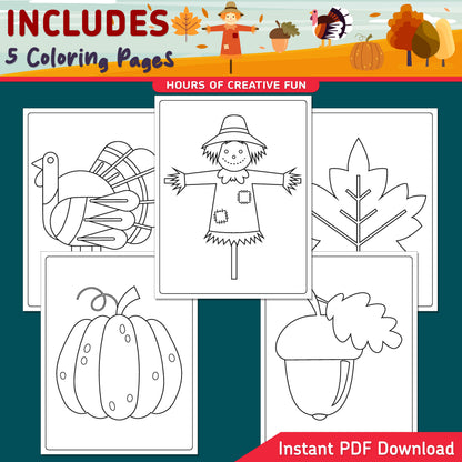 Fall Directed Drawing, Learn to Draw Scarecrow, Pumpkin, Acorn, Leaf & Turkey, 6-Step Printable Art Activity, 5 Coloring Pages, A4, US Letter