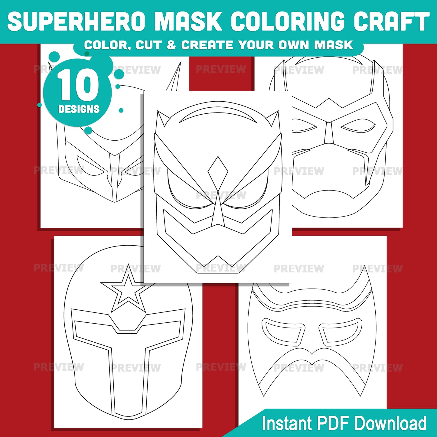 Superhero Mask Coloring Craft, Color Your Own Superhero Mask Pack, Printable Kids Creative Activity, Cut and Wear Art Project