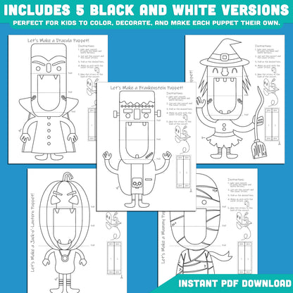 Halloween Paper Puppet Characters: 10 Fun Designs, 5 Ready to Use + 5 to Color, High Resolution 300 DPI, Perfect for Holiday Classroom and Home Crafts