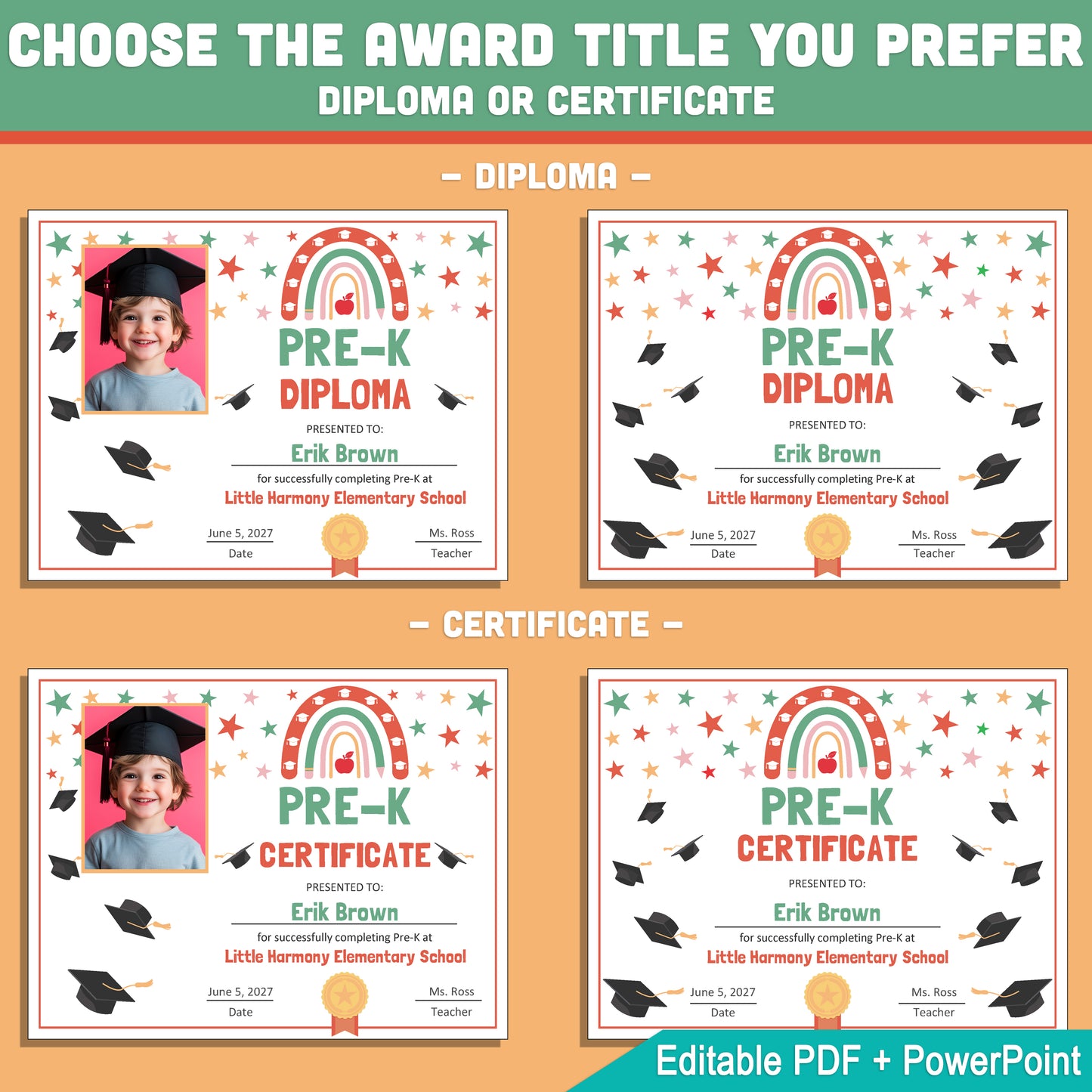 Editable Pre-K Graduation Diploma & Certificate Set, Retro Rainbow Stars Theme, Printable Awards, Photo or No-Photo Options, PDF, PowerPoint