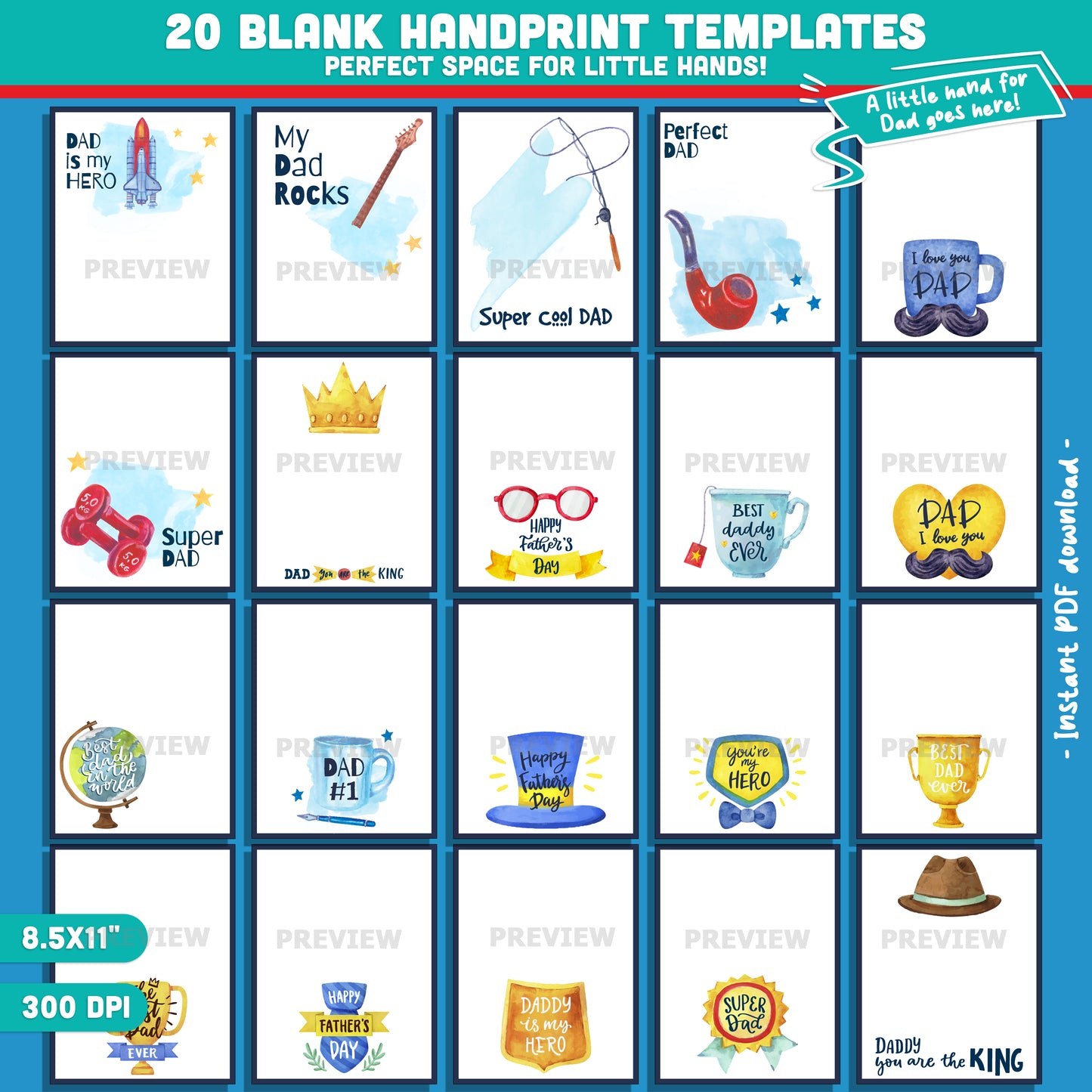Father’s Day Handprint Art for Kids – 20 Designs with Examples + 20 Blank Templates to Stamp Handprints, Instant PDF Download