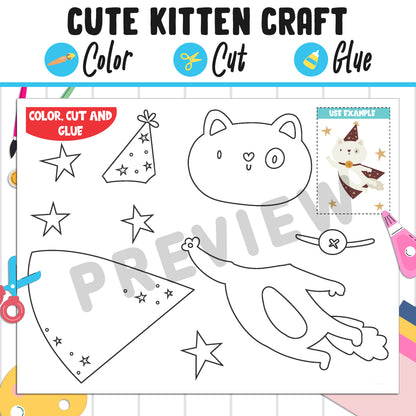 Cute Magic Kitten Craft for Kids: Color, Cut, and Glue, a Fun Activity for Pre K to 2nd Grade, PDF Instant Download