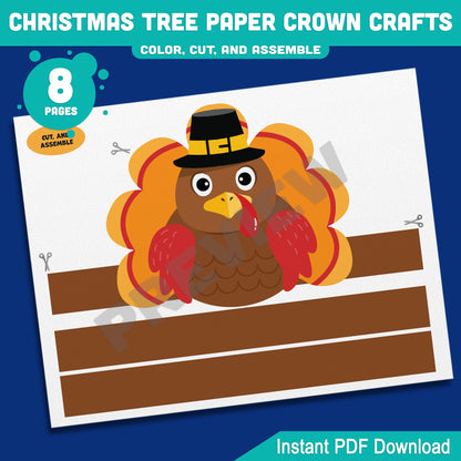 Printable Thanksgiving Turkey Paper Crown Crafts, Fall Coloring Hat & Headband Project for Kids, Autumn Party Hat, 4 Designs, Pre-color + Black & White, PDF Download