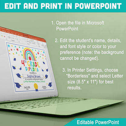 Fourth Grade Diploma Template: Editable PDF & PowerPoint for Graduation Ceremonies, Milestone Events, and Student Achievement Recognition