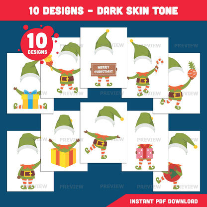 Elf Cutout Templates, Printable Christmas Craft, Add Your Own Face, PDF + PNG, Coloring Version