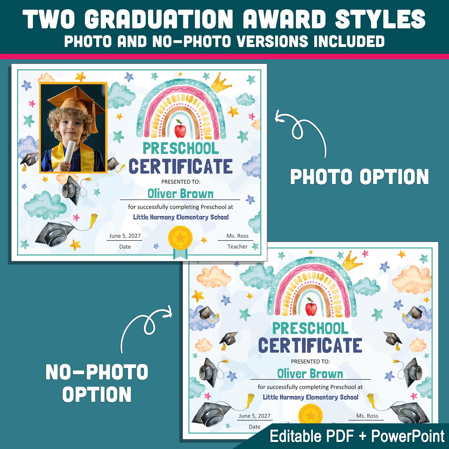 Preschool Appreciation Certificate, Personalized Diplomas and Certificates, Any Grade Awards, With and Without Photo, PDF PowerPoint