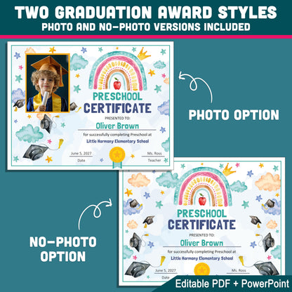 Preschool Appreciation Certificate, Personalized Diplomas and Certificates, Any Grade Awards, With and Without Photo, PDF PowerPoint