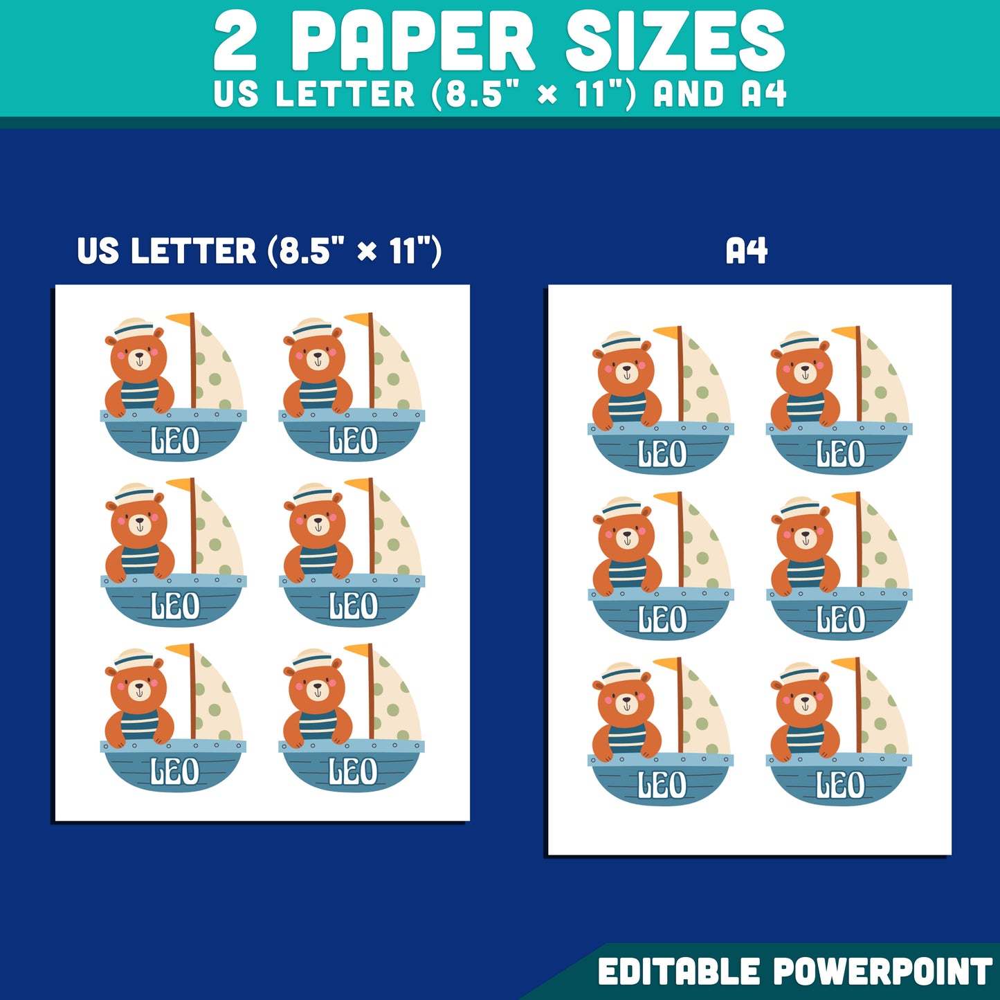Sailing Animal Name Tags, Editable Locker & Cubby Labels, Seaside Classroom Theme, PowerPoint Template, 10 Designs, Student Spaces, US Letter, A4