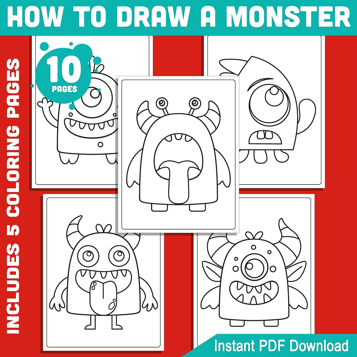 Monster Drawing and Coloring Guide for Halloween: 5 Step-by-Step Pages for Kids, Fun Creative Learning, Instant PDF Download