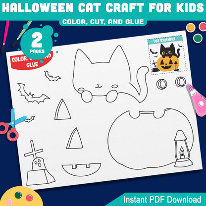 Fun Printable Halloween Cat Craft for Kids, Pre-Colored + Black & White, Simple Cut and Glue Activity for Classroom or Home October Projects