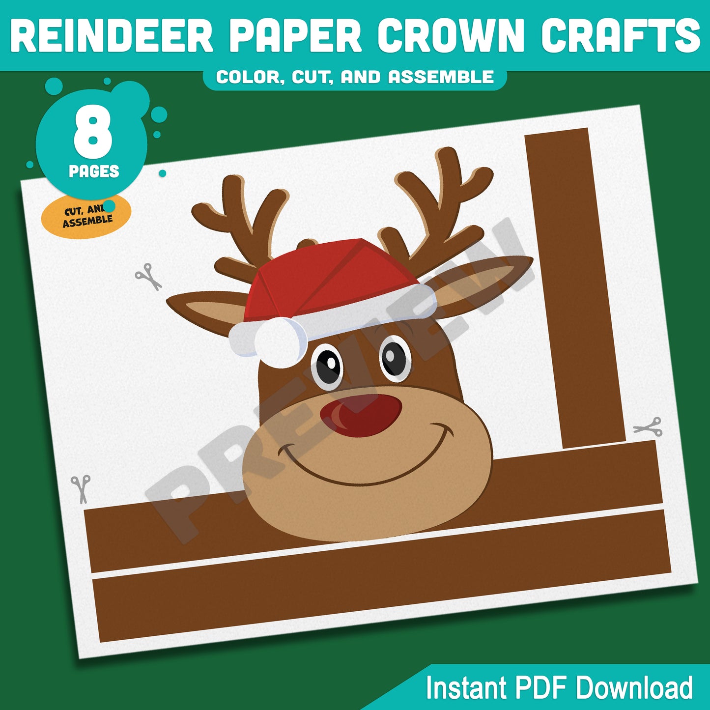 Printable Christmas Reindeer Paper Crown Crafts, Coloring Headband and Party Hat Activity, Winter Play Craft for Kids, 4 Designs, Pre-color + Black & White